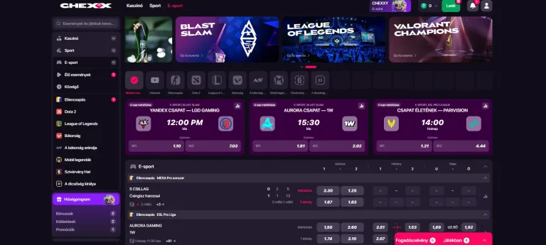 E-sport mérkőzések és fogadási szorzók a CHEXX sportfelületén