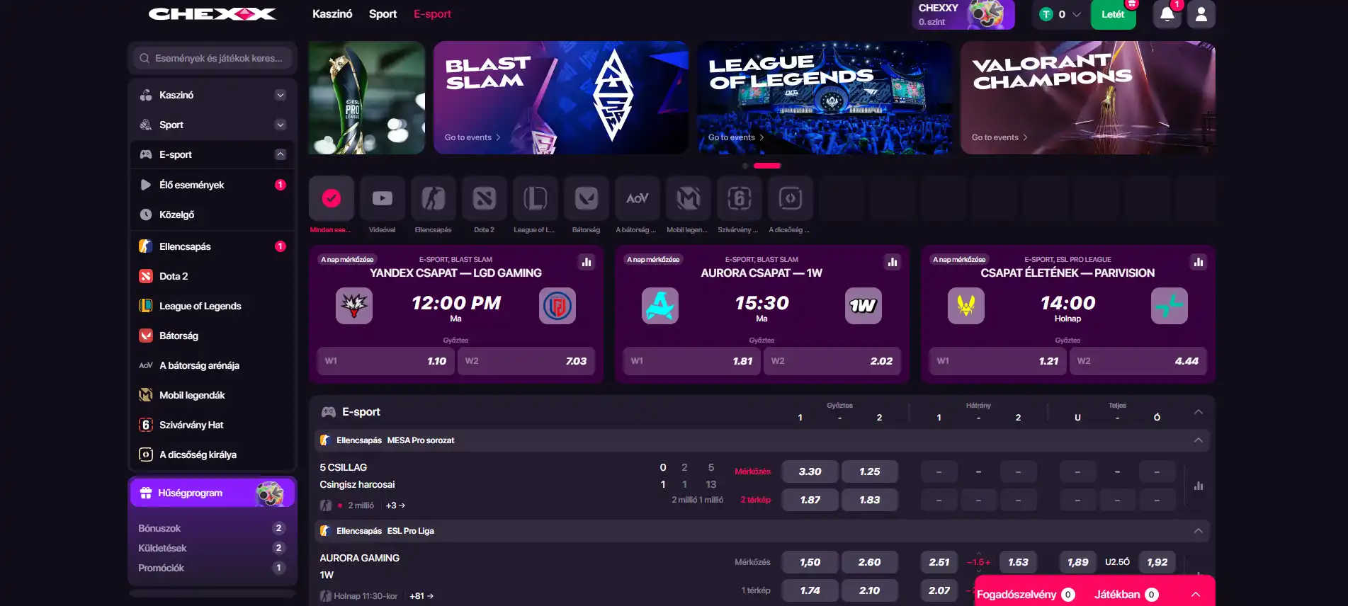 E-sport mérkőzések és fogadási szorzók a CHEXX sportfelületén